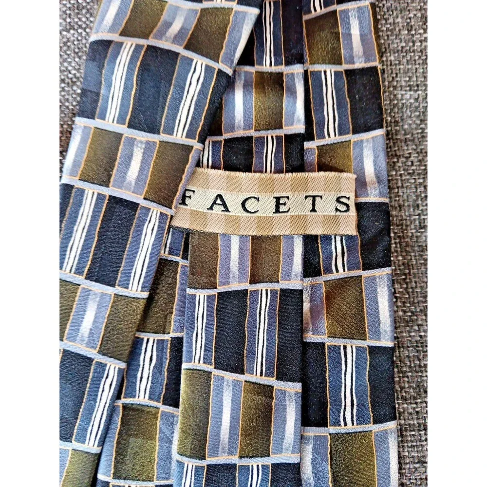 Tie 70s 80s 90s Y2K Mens Facets Silk Black Green Gray 3.75 Wide 58 Long